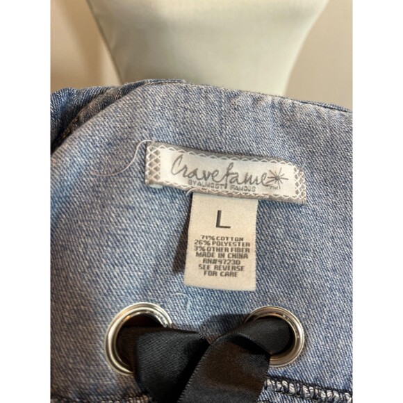 Crave Fame Women Button Up Jean Jacket Long Sleeve Stressed Size L Black Ribbon - Picture 6 of 6